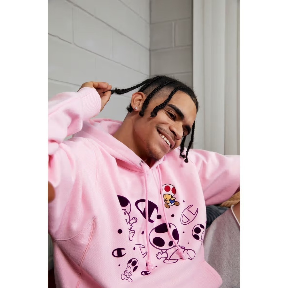 Champion X Super Mario Collab Toad Pink Adult Hoodie Embroidered Size XS Unisex